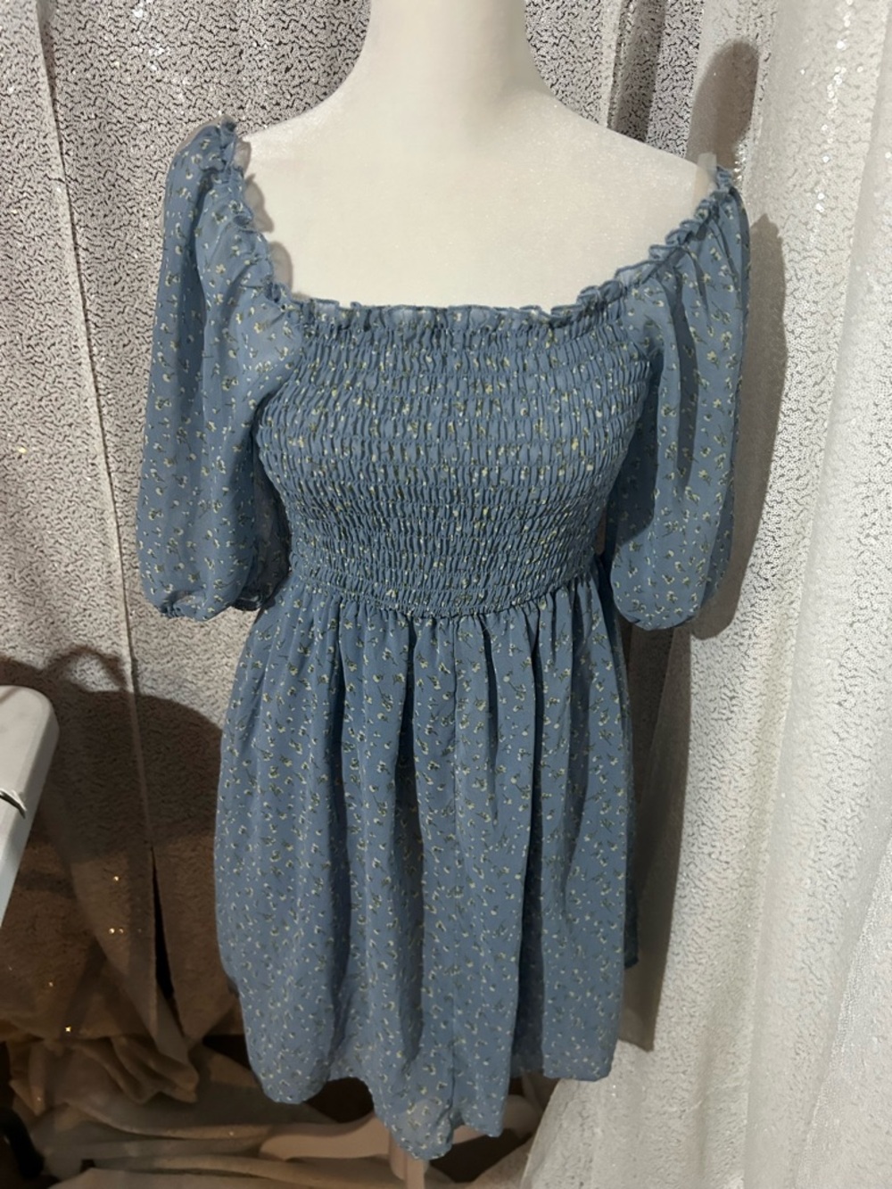Smocked Light Blue Floral Mini Dress with Puff Sleeves